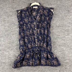 Edge Design Ditsy Floral Chiffon Ruffle Collar Blouse Elasticized Waist M